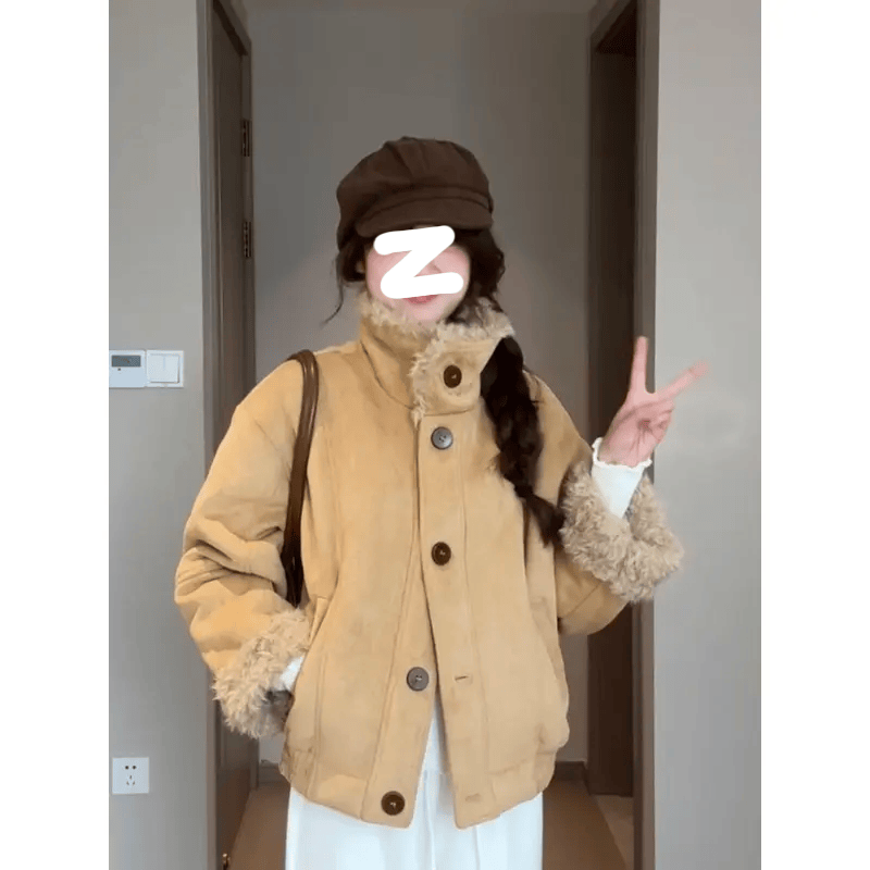 秋冬新款皮毛一体外套女韩系小个子通勤保暖加厚短款棉服上衣