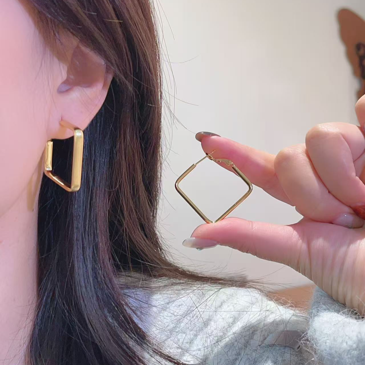 铜合金耳饰 方形几何法式小众设计感素圈简约百搭修饰联系耳圈686