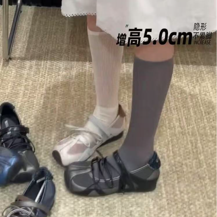 自留版~厚底内增高芭蕾风浅口圆头玛丽珍鞋女魔术贴百搭复古单鞋