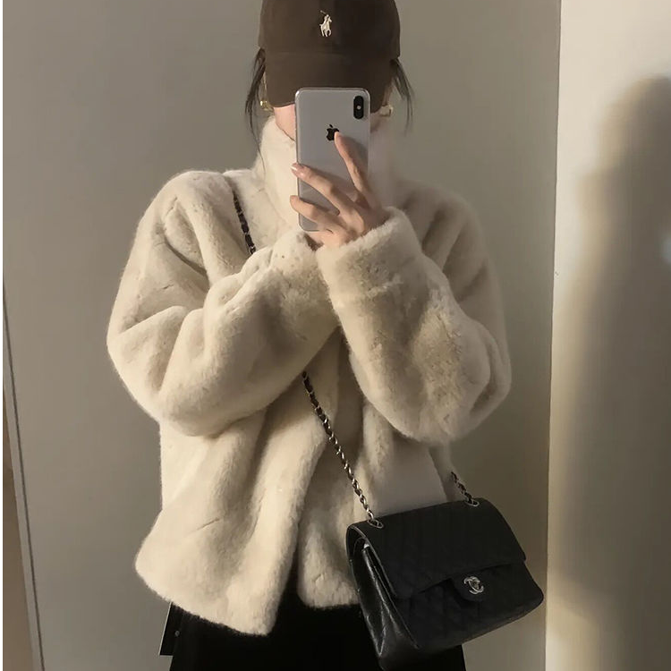 新款加厚外套冬季韩版立领网红百搭女时尚气质短款环保毛毛上衣