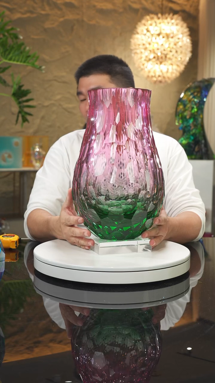 【闪购商品】摆件金红绿凹切面花瓶大号带底座