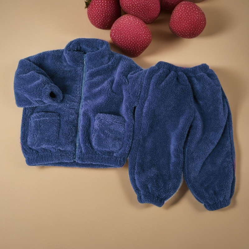 蓝色加厚家居服套装2025新款儿童保暖冬装加绒睡衣两件套