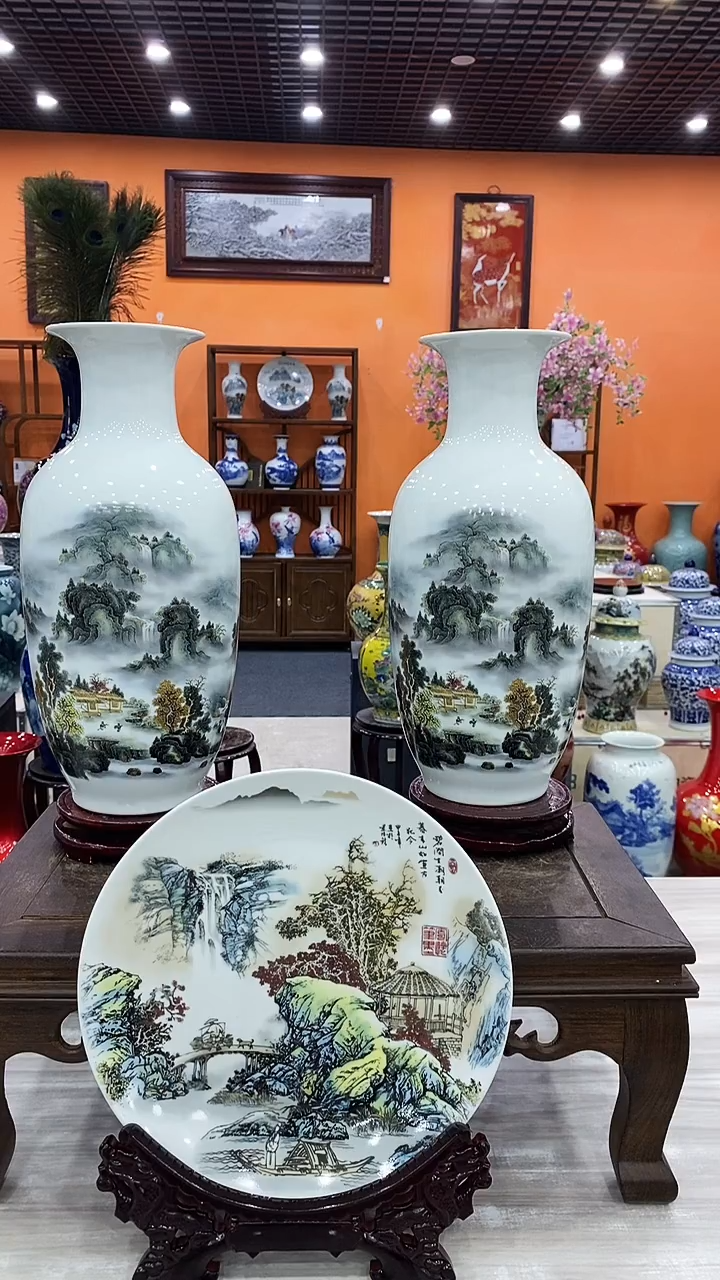 摆件2个深谷幽隐冬瓜瓶+1个碧涧盘+龙头架+旋转底座