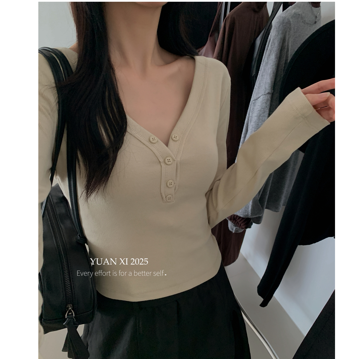 由子衣舍/Youzi Atelier秋上新爆款低领开扣辣妹性感长袖打底衫