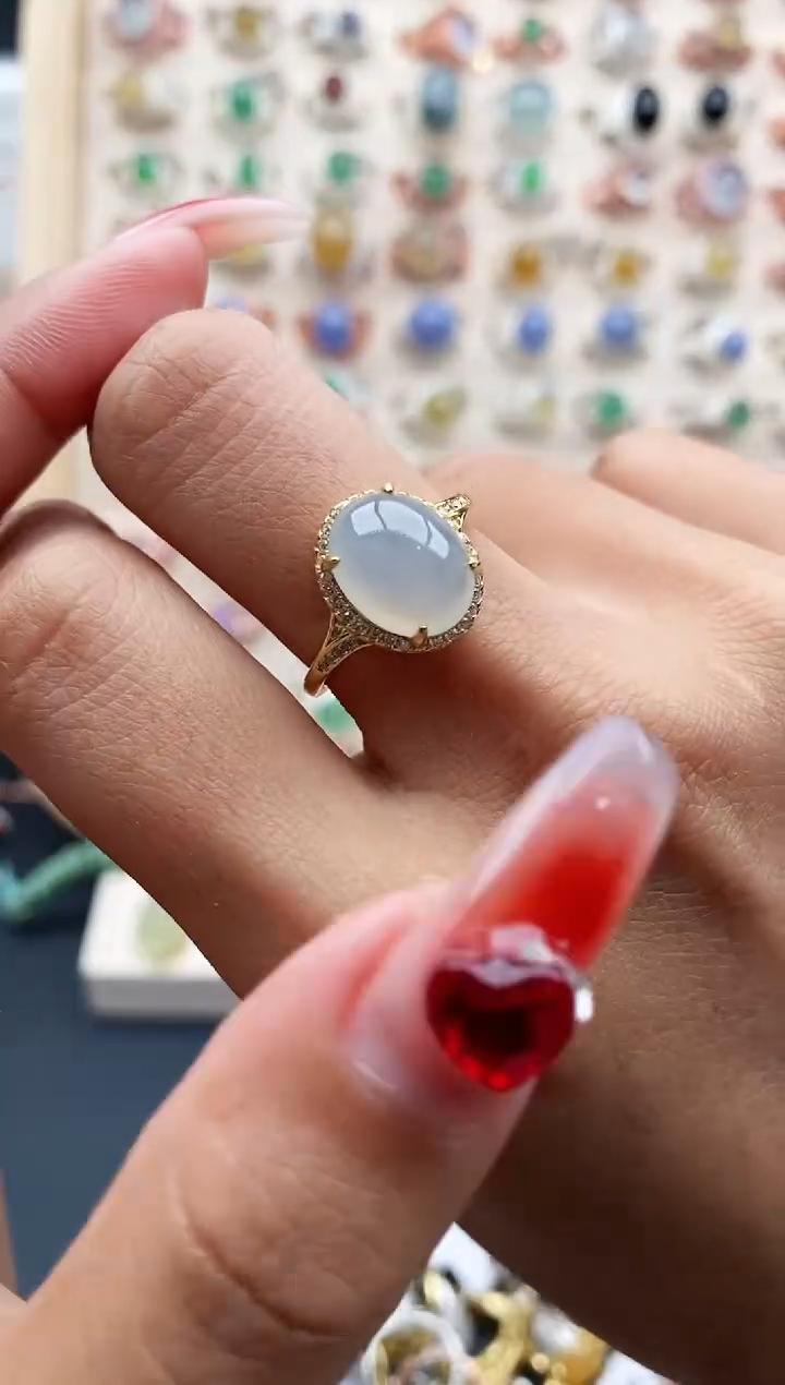 【闪购商品】翡翠戒指银S925镶嵌缅甸天然A货翡翠555 1+5