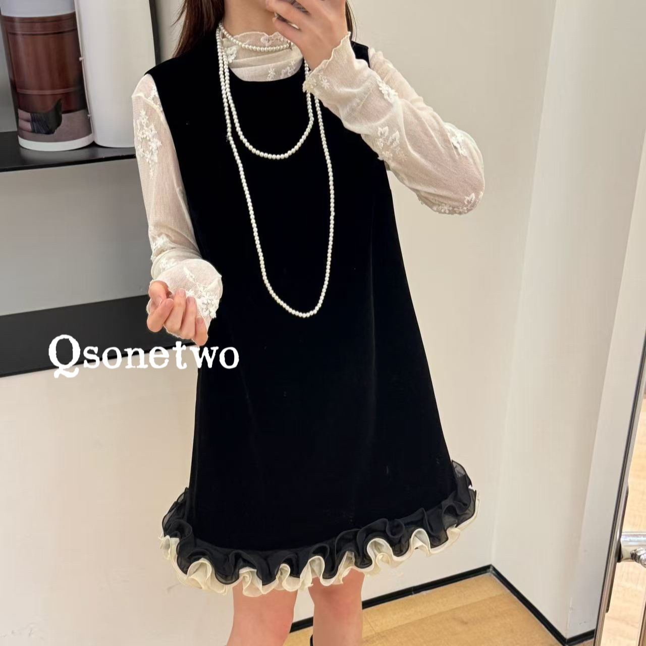 【商场品质】气质优雅设计感 立体拼接花边时尚洋气背心裙 QS 09376