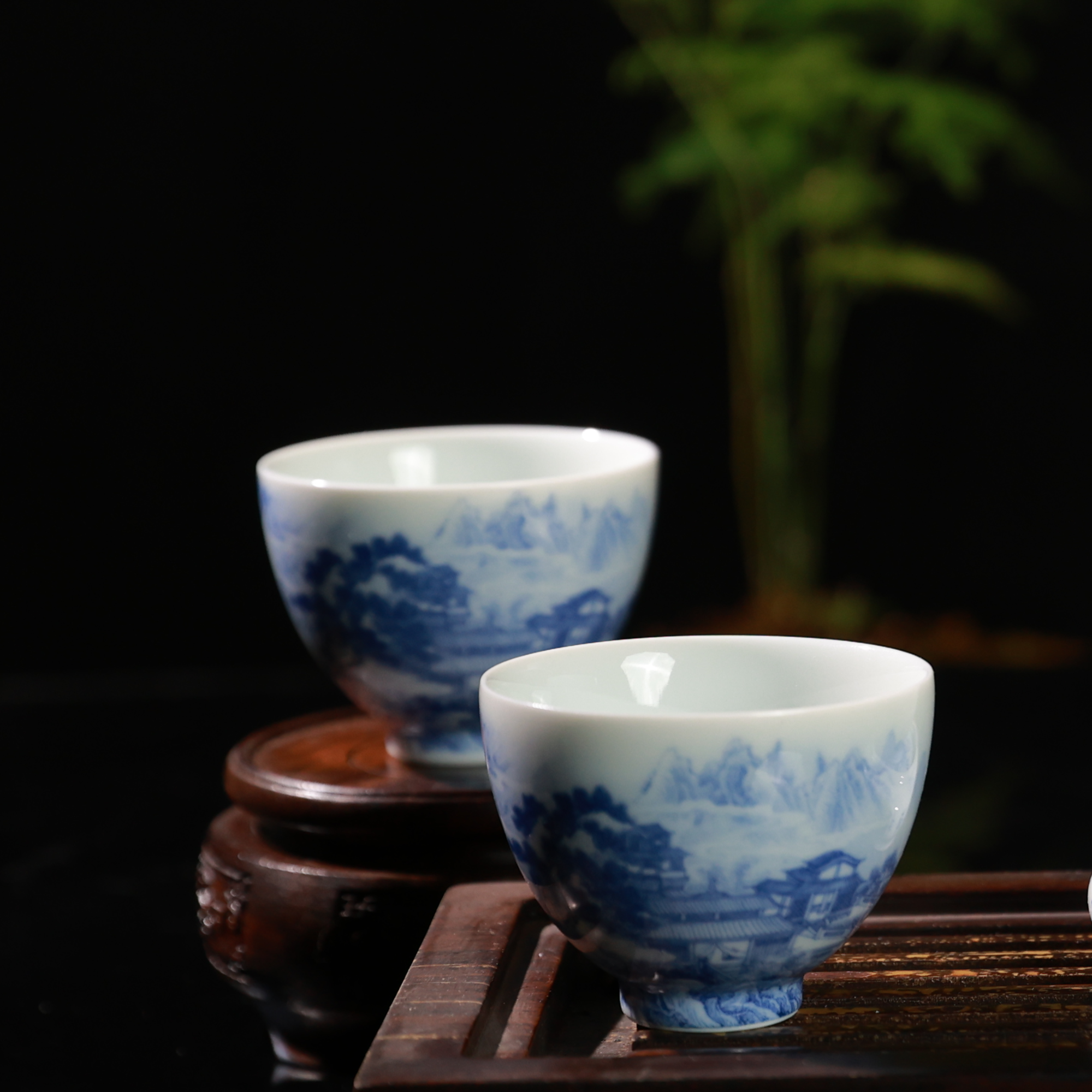 景德镇手工高温青花山水蓬莱仙境鸡心杯单杯