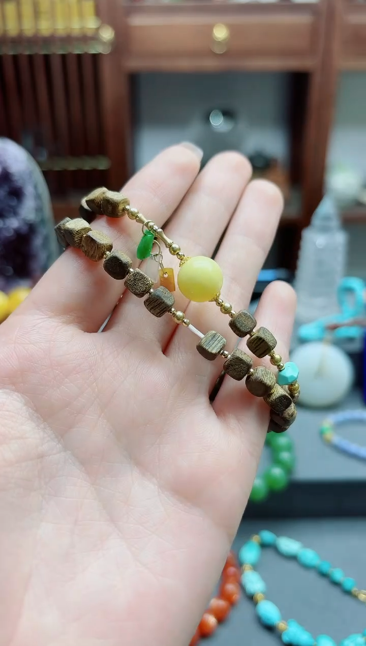 18K金镶嵌蜜蜡裸石18K金蜜蜡两圈手串ZX