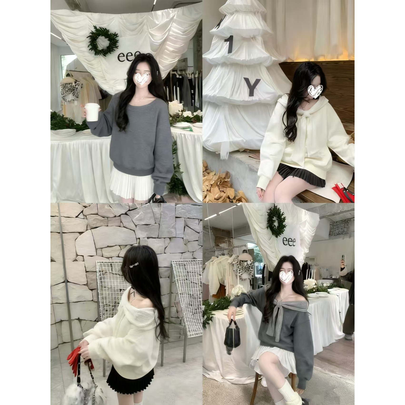 【两穿蝴蝶结卫衣】连帽一字肩宽松卫衣长袖上衣D1156