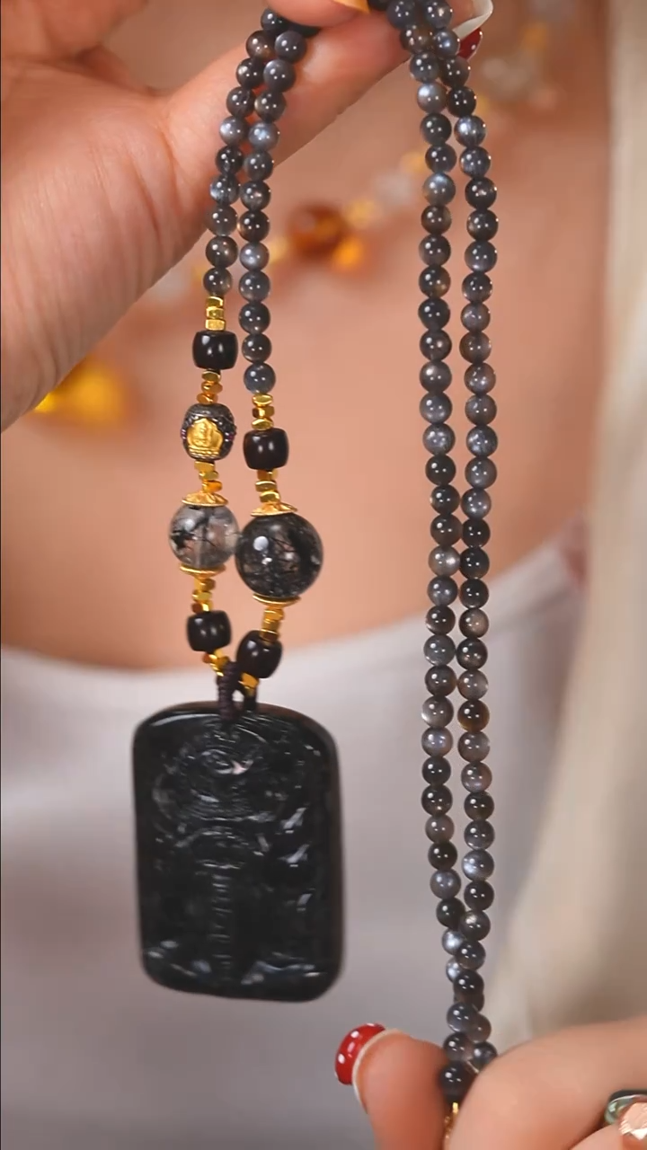 未镶嵌珠宝半成品水晶E2265C -精雕黑发晶 战狐 项链