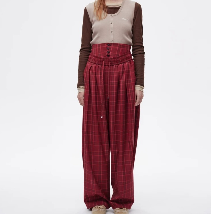 AVVENN2025春季新品格纹腰封减龄显腰身阔腿裤长裤AL11301629