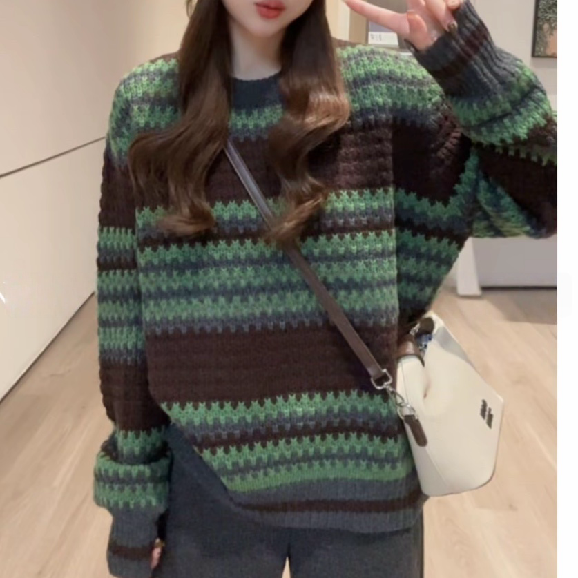 小众设计宽松圆领撞色条纹毛衣女冬季新款复古松弛感洋气针织衫