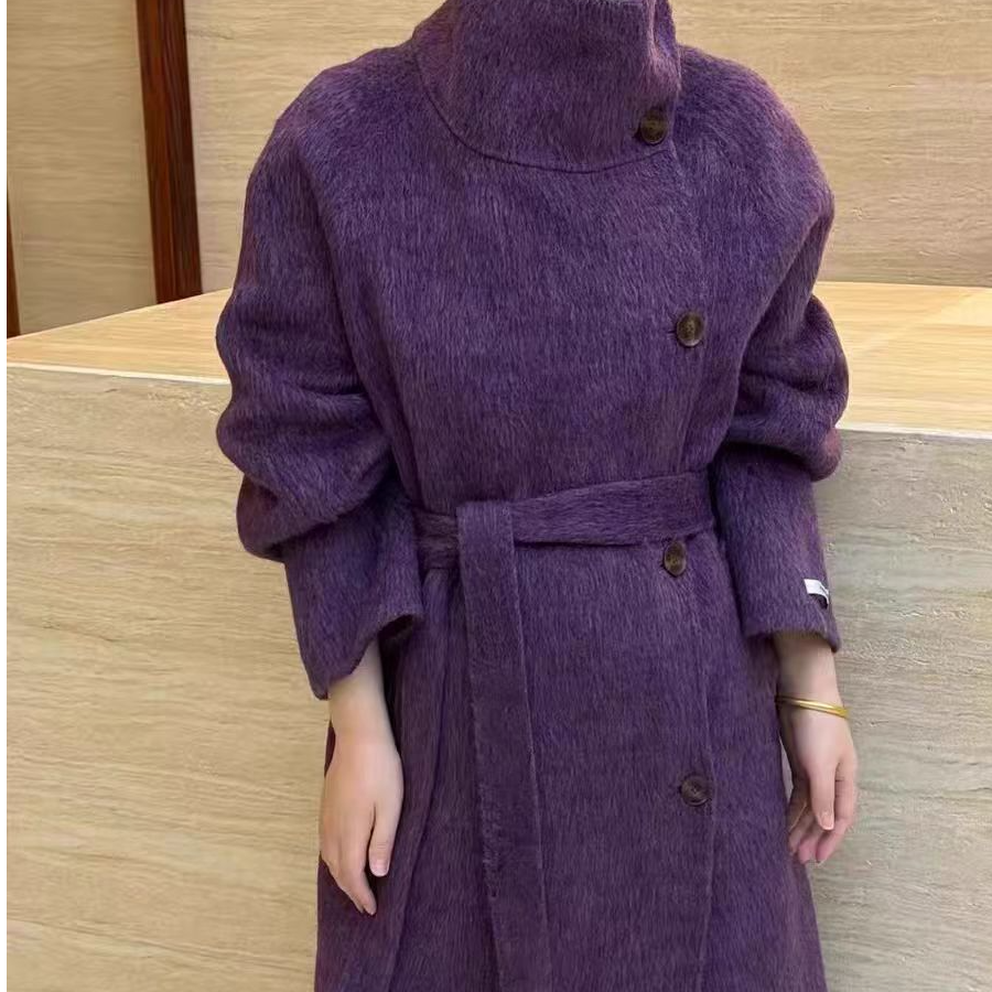 女毛呢外套长款紫色