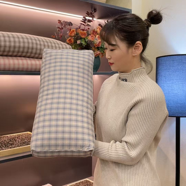 无印高端纯棉提花格子控荞麦枕长条枕纯棉透气吸汗可拆洗家用