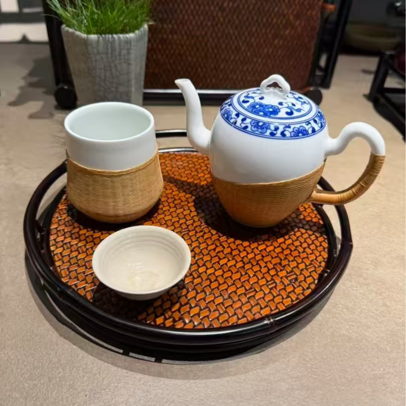 非遗竹圆盘形编茶具托盘独特高端礼品