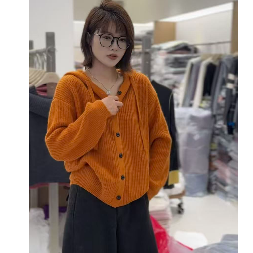 【橘色】法式连帽针织衫连帽套开衫帽衫女外套