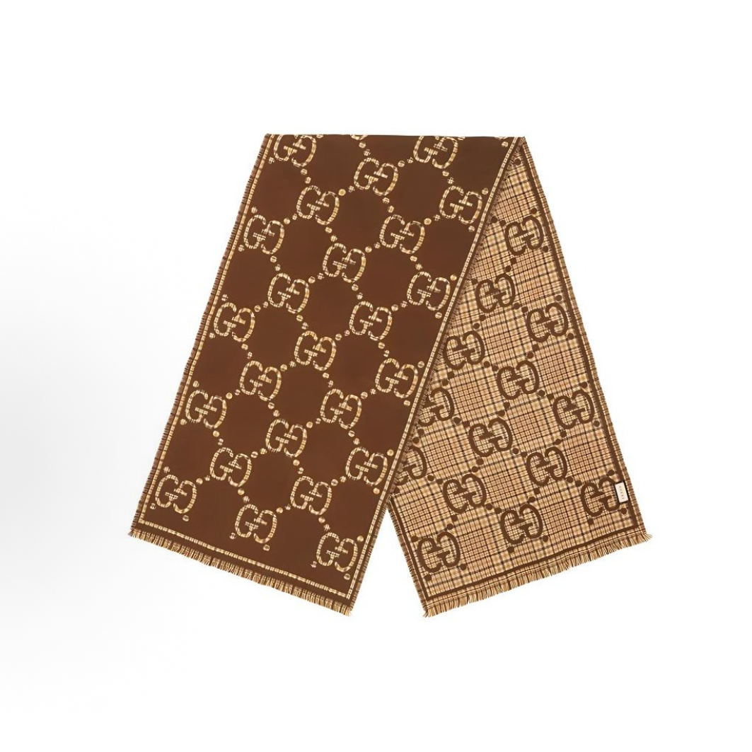 GUCCI古驰 经典双G格纹 羊毛 绒线围巾 男女同款 棕色