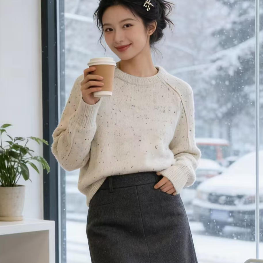 【暖冬-杏色】冬日新款宽松休闲彩纱圆领软糯女舒适保暖插肩袖针织