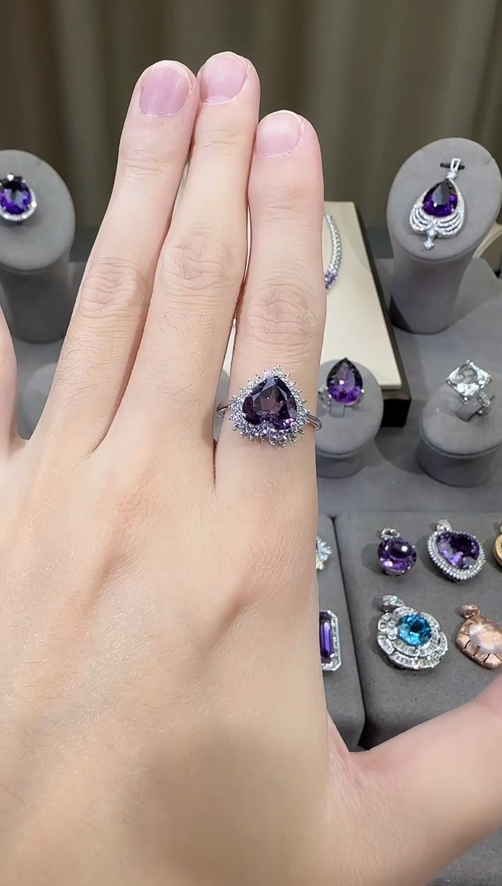 银S925镶嵌戒指紫晶10mm海洋之心戒指