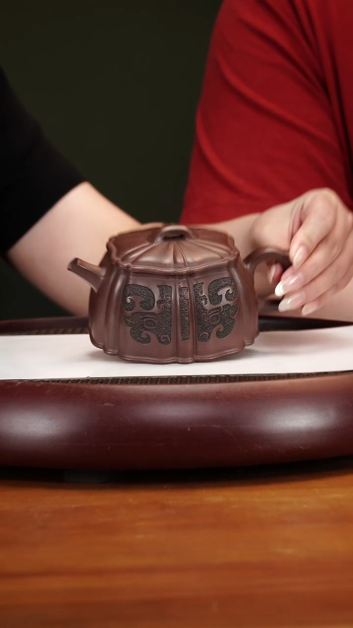 茶壶紫砂57YXM筋纹古琴 革紫泥350cc