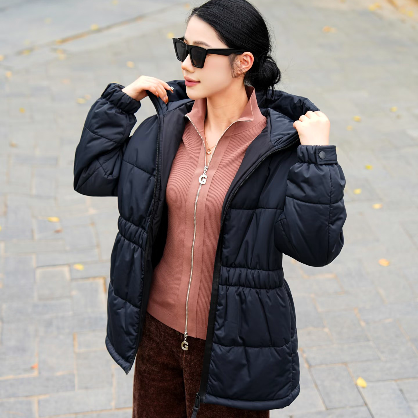 商场同款G家2025秋冬新款中长款新雪丽连帽收腰棉服外套女140027