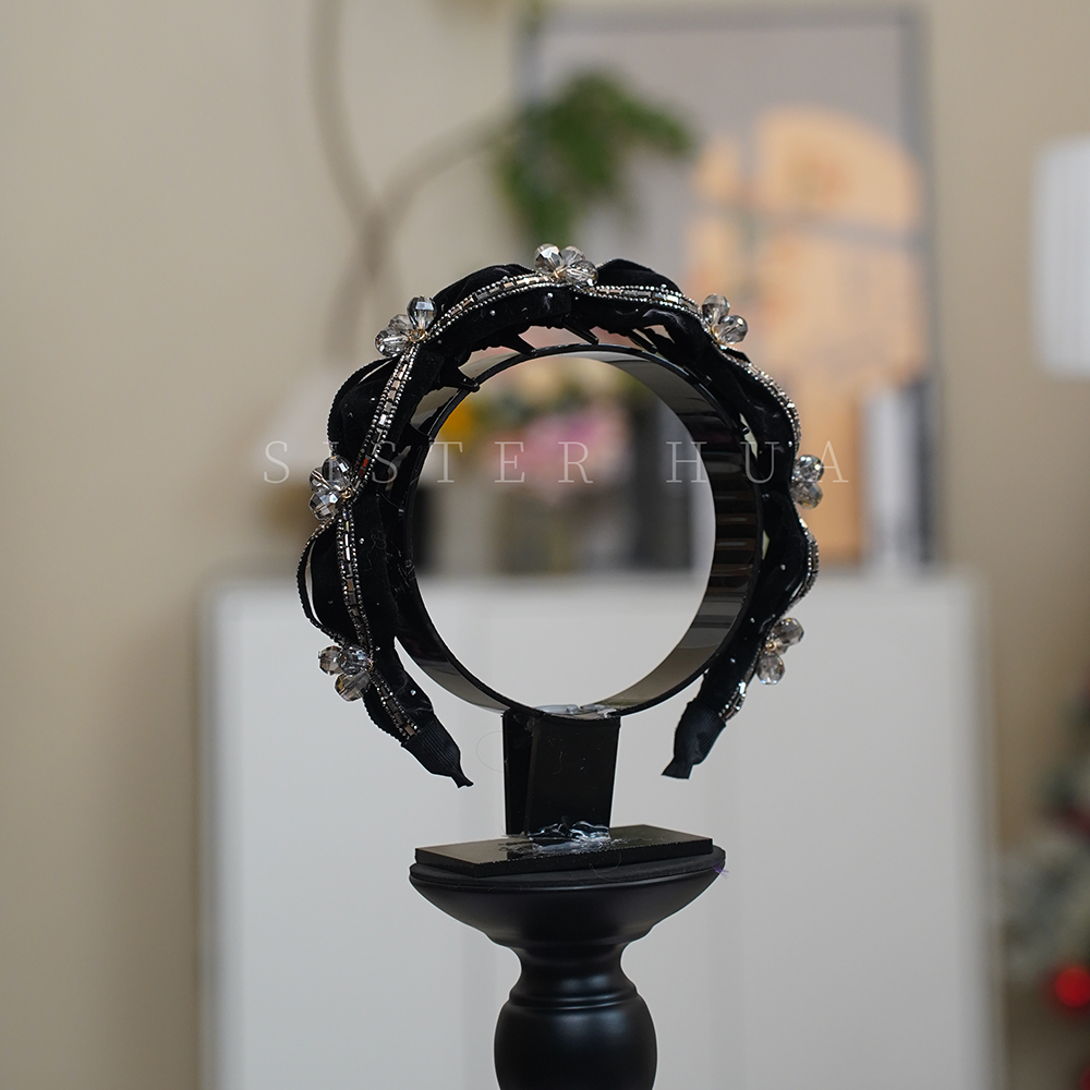 A1050宽边遮发缝立体花朵编织丝绒发饰流苏闪钻异域风情压发箍