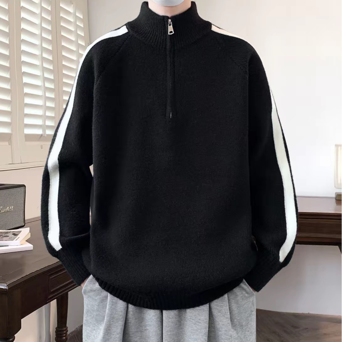 cleanfit黑白条纹毛衣男款秋冬季半拉链潮流针织衫上衣毛衣外套