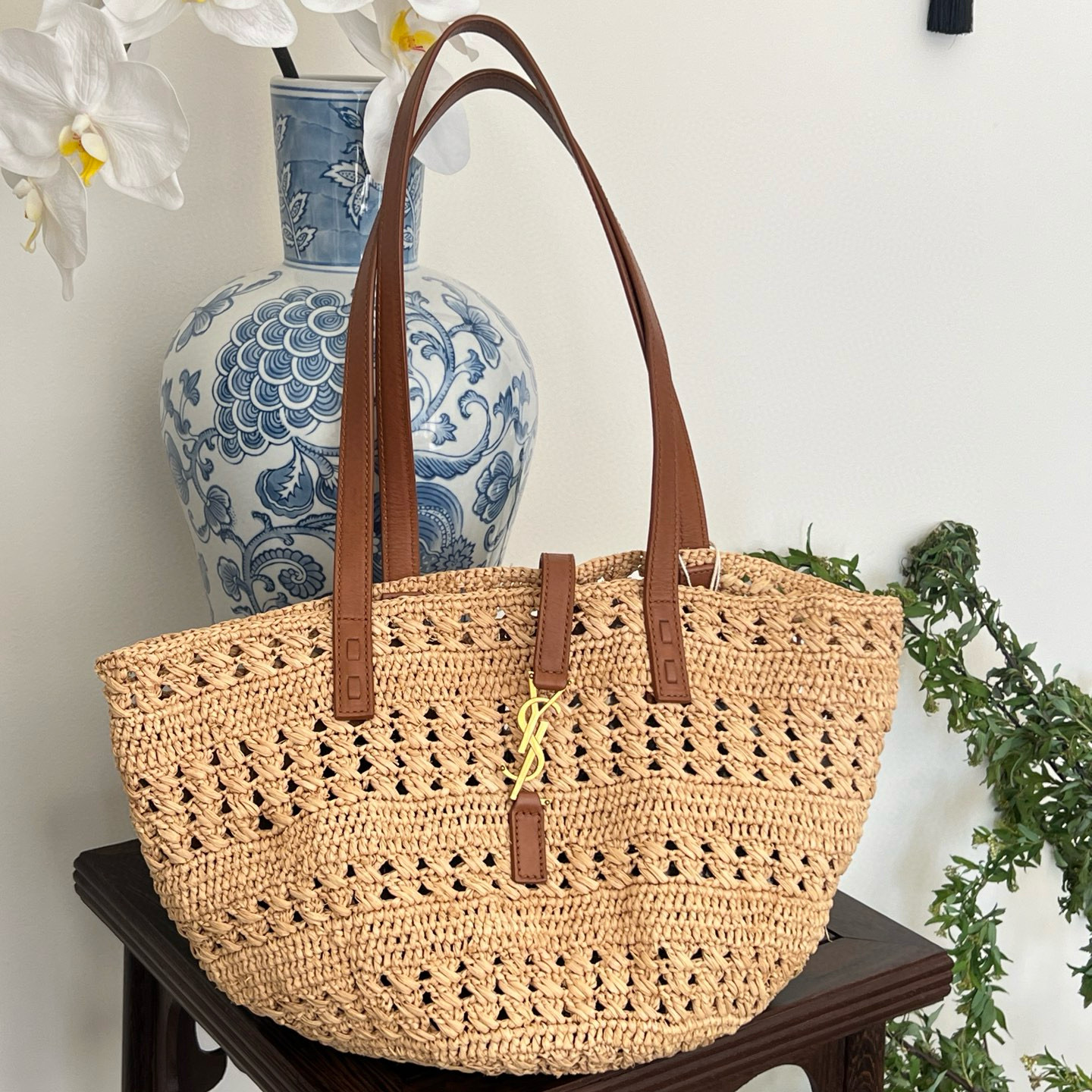 95新 YSL/圣罗兰 千禧一代-草编菜篮子托特单肩包7885806