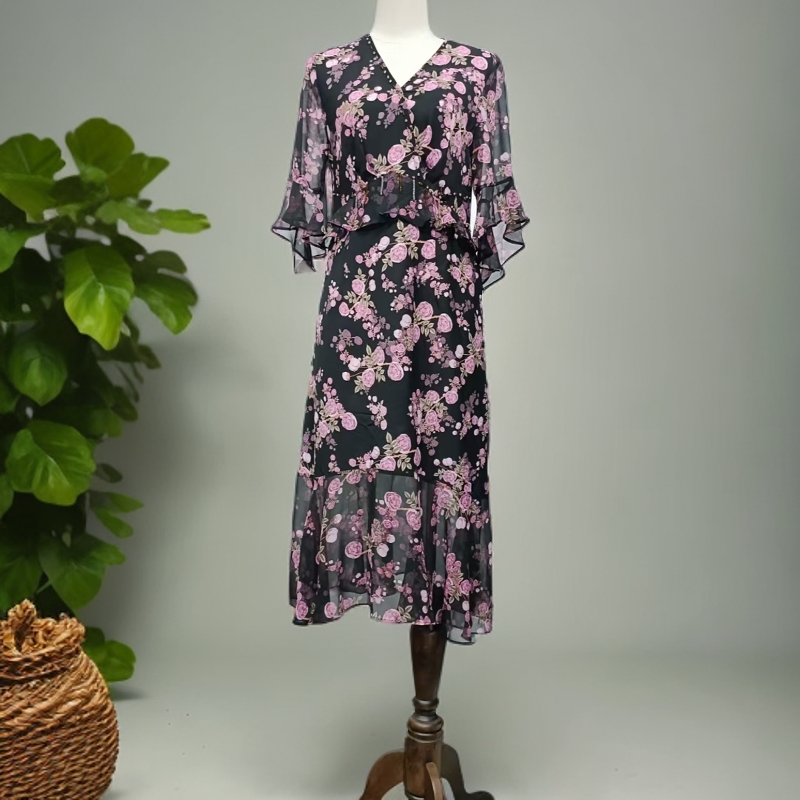 夏季新款鱼尾下摆V领串珠玫瑰印花连衣裙A046