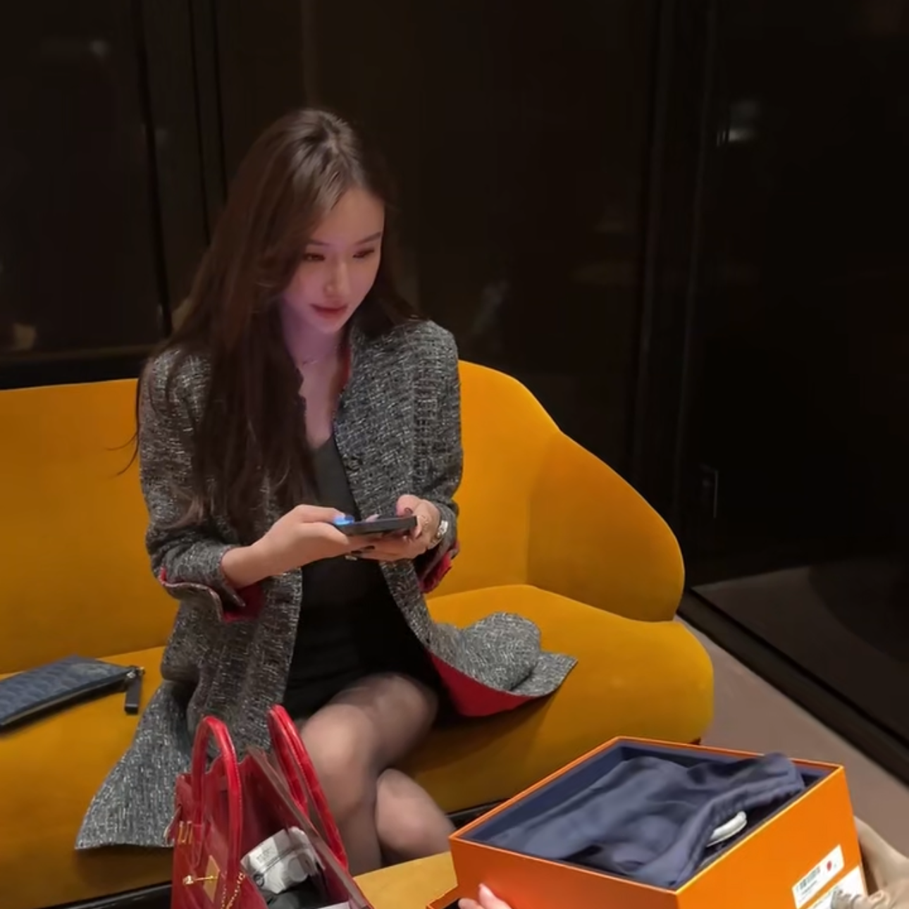 【YY】香家新款灰色粗花呢小立领中长款外套