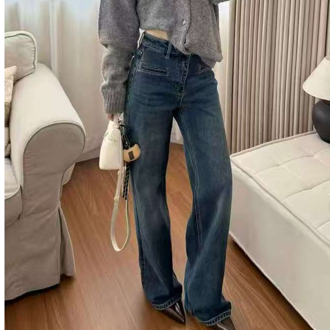 【济州岛】英文小众设计口袋磨破植绒窄版直筒裤21926