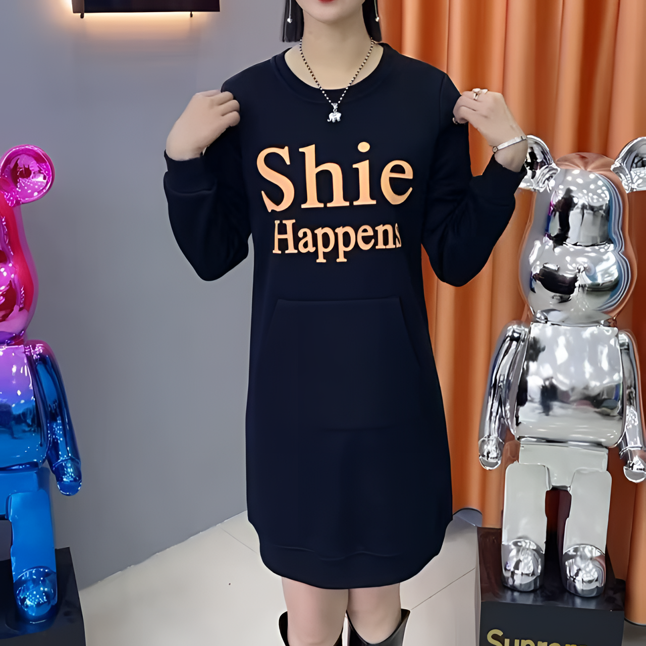 中长款连帽卫衣裙字母印花休闲时尚卫衣圆领显瘦百搭