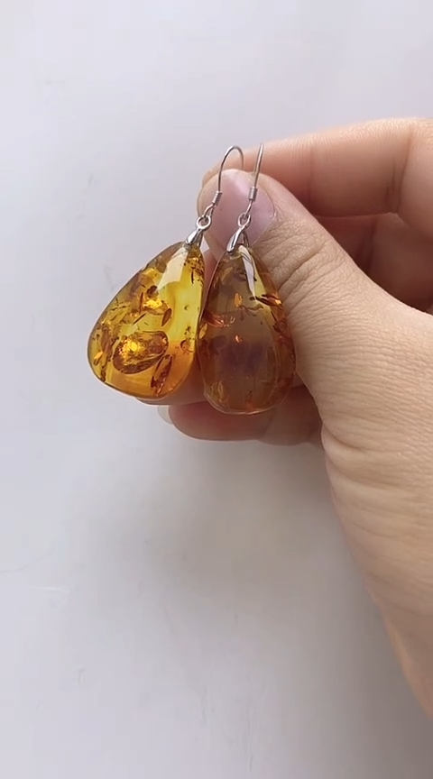 【闪购商品】琥珀裸石银S925镶嵌花珀耳坠