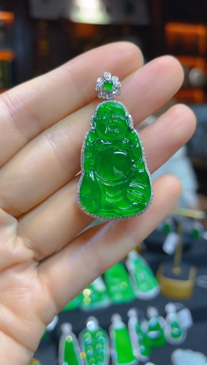 【闪购商品】翡翠颈饰18K金镶嵌118772天然A货翡翠布袋佛吊坠