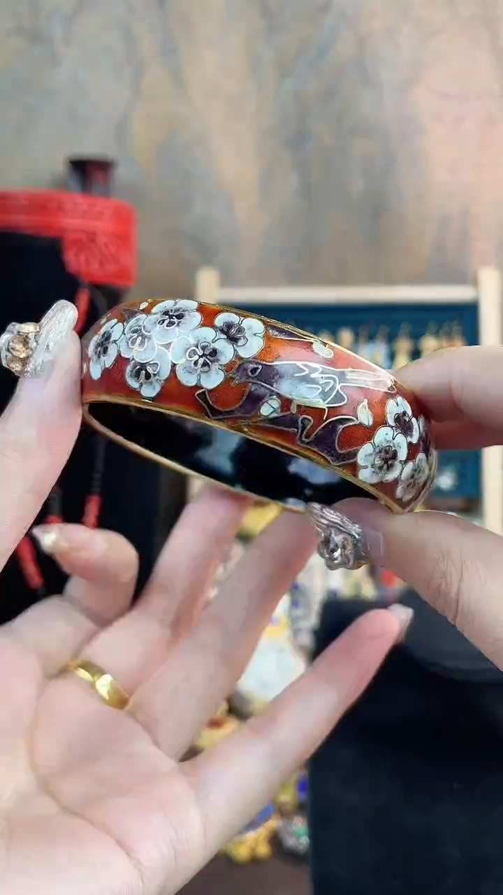 非遗手工景泰蓝开口银蓝镯子红色