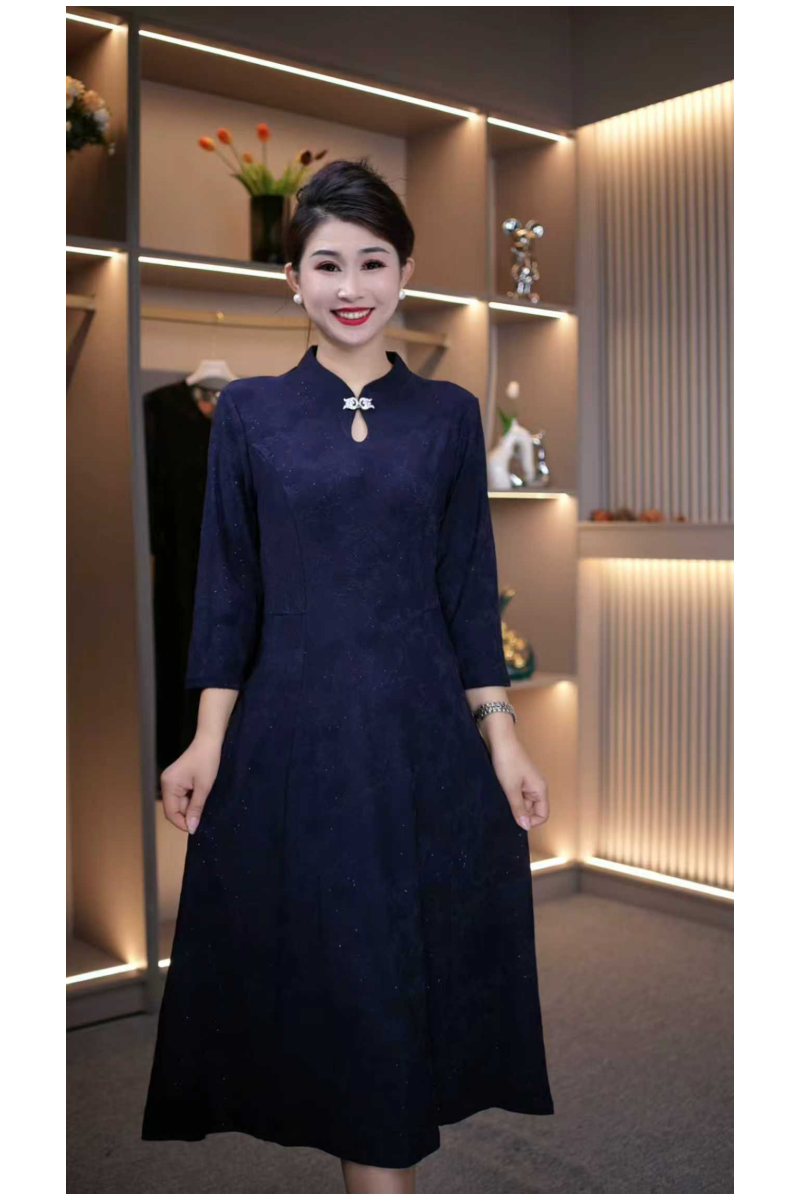 洋气妈妈新中式气质优雅显瘦提花连衣裙