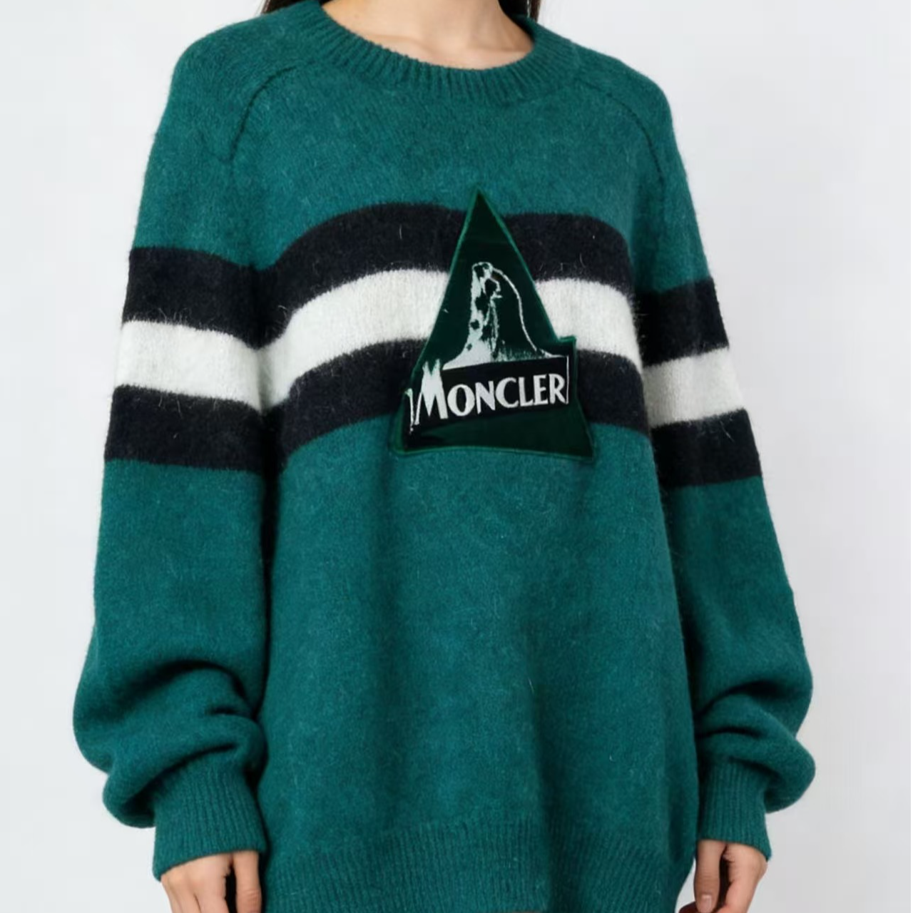 99新 MONCLER 绿色雪山图案黑白条纹毛衣 XL 18510816