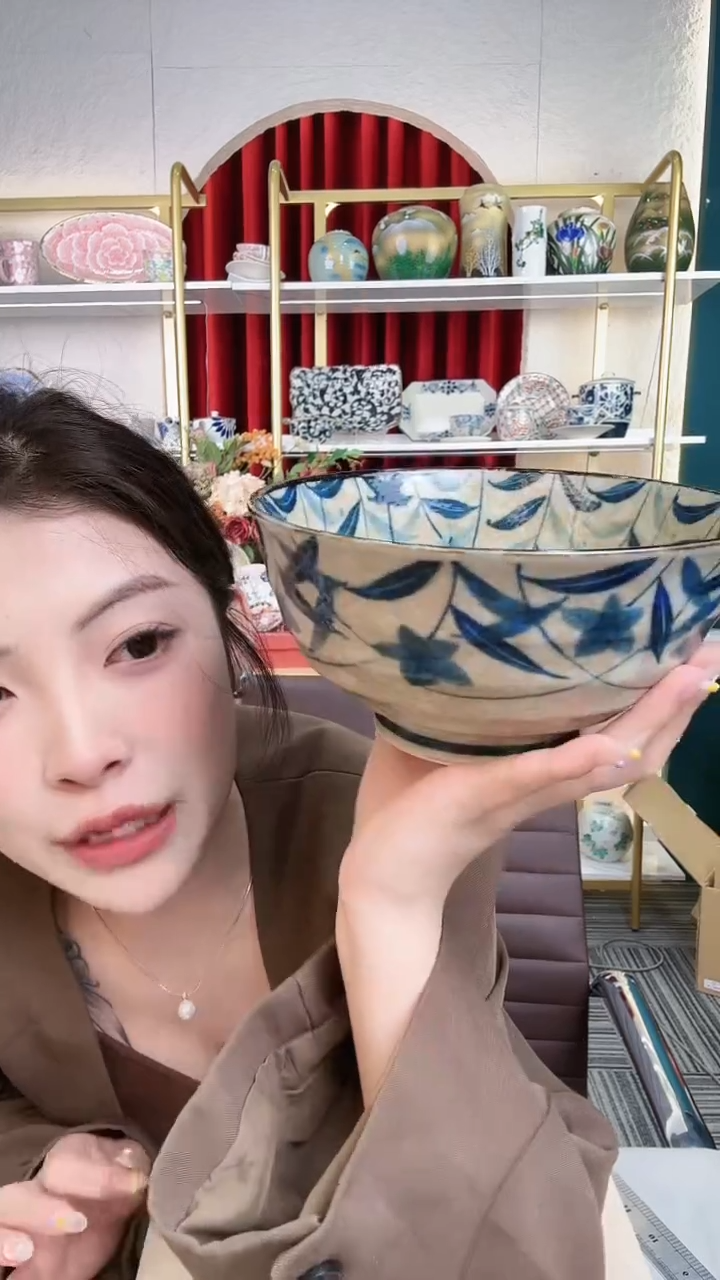 盘黄泥桔梗17cm面碗进口两个