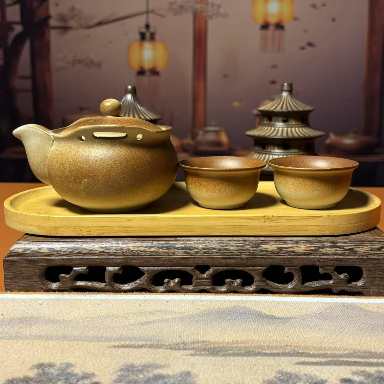 粗陶柴烧一壶两杯带茶盘A015