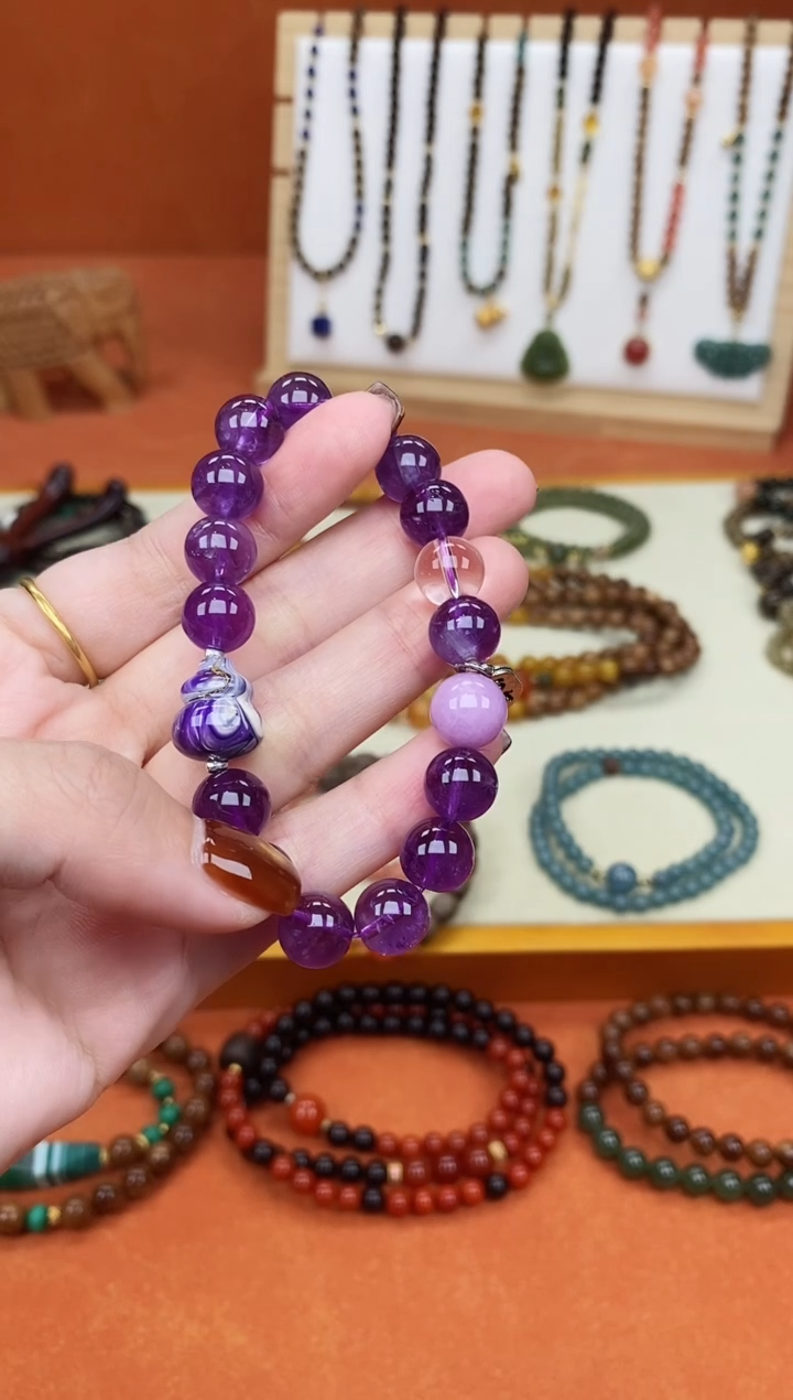 未镶嵌手链紫晶单圈紫水晶大漆葫芦手串