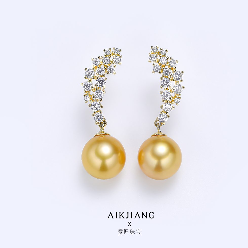 AIKJIANG/爱匠【海水清货】海水南洋金珠热巴同款珍珠耳钉12mm左右