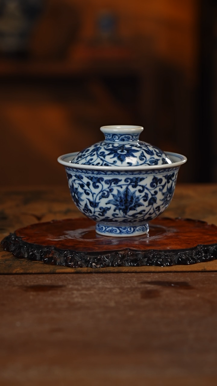 【闪购商品】杯古蓝堂缠枝压手盖碗
