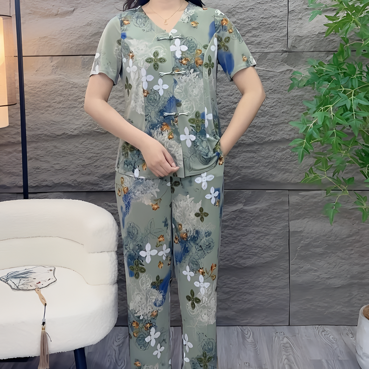常规款V领纽扣九分裤中老年女装家居服时尚新复古风气质套装