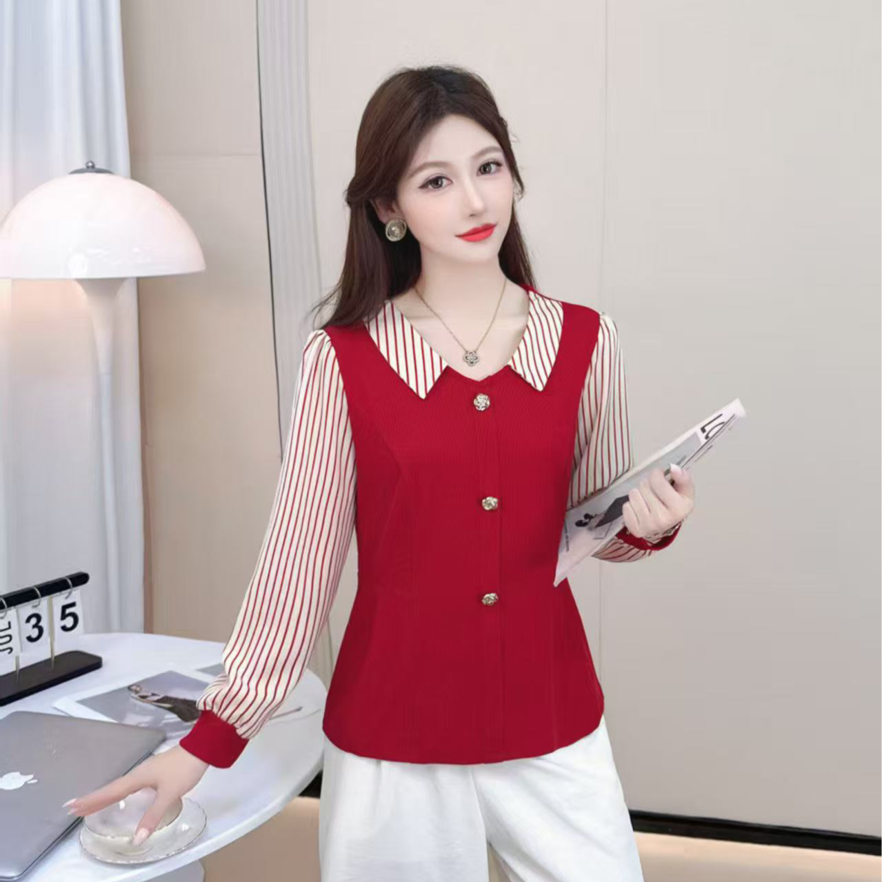 时尚洋气假两件衬衫女秋季新款宽松遮肚子显瘦条纹衬衣外穿上衣女