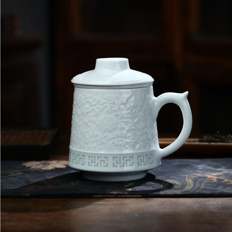 缠枝莲影青茶杯景德镇陶瓷玲珑杯子茶水礼品分离水杯过滤办公杯