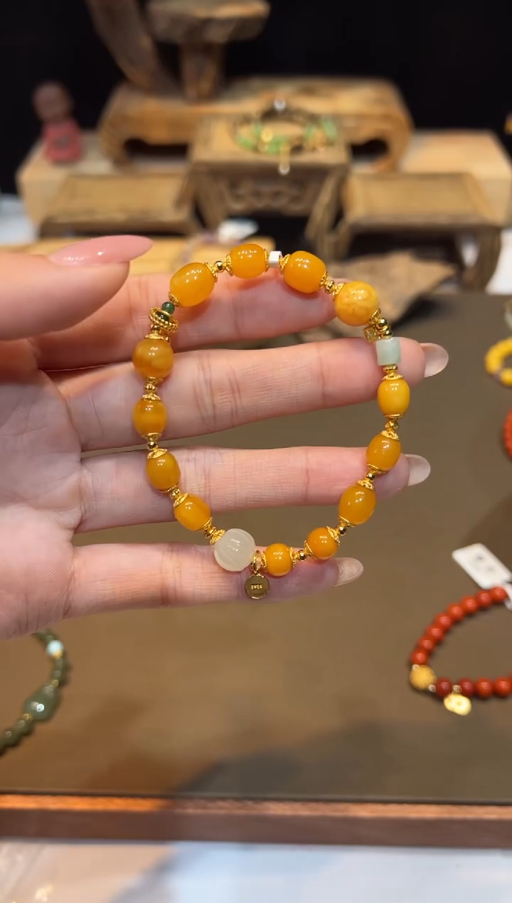 手链琥珀银S925镀金镶嵌手饰@@E7083