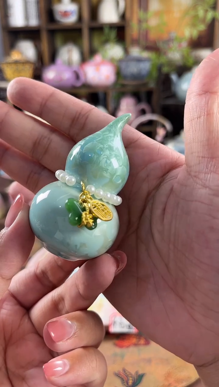 结晶釉葫芦摆件带提溜-绿