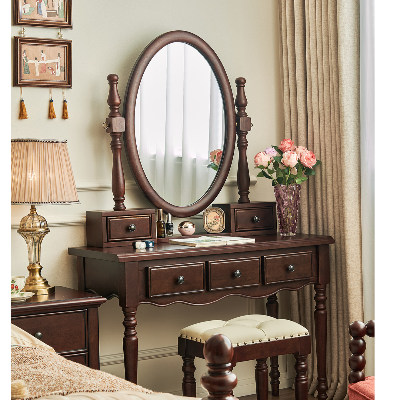 小美式简约美式乡村风格梳妆台高清复古怀旧小号化妆梳妆台化妆镜