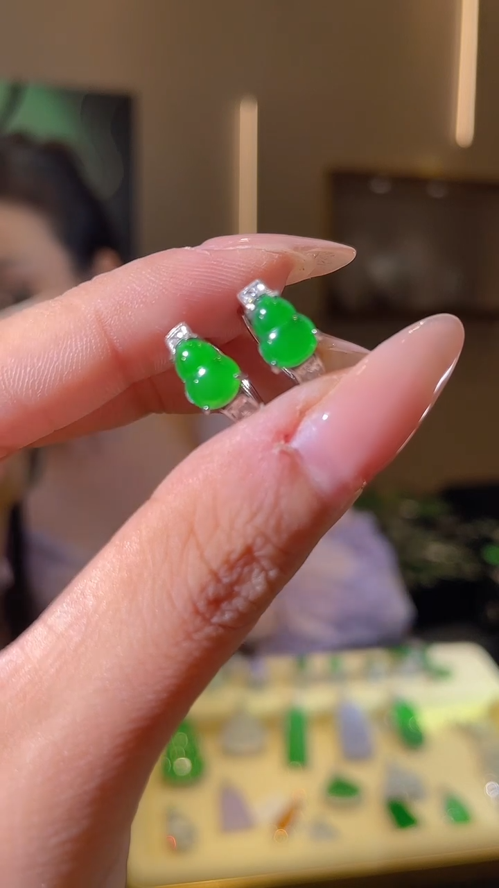 翡翠银S925镶嵌耳饰天然翡翠A货