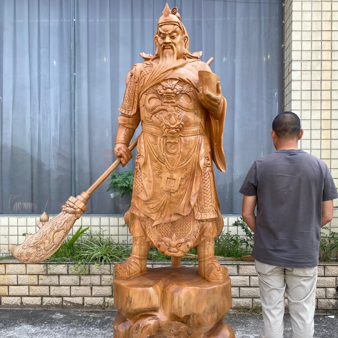 香樟大型实木雕刻供奉武财神关公关二爷落地客厅办公室摆件